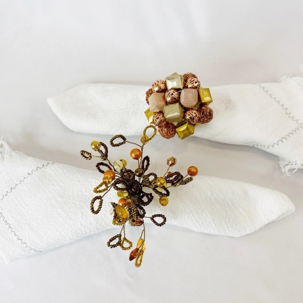 Set of 6 Pier 1 Beaded Floral Brown Gold Peach Napkin Rings